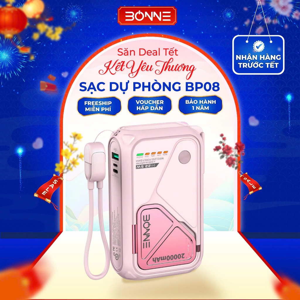 Sạc Dự Phòng BP08, Củ Sạc Nhanh BONNE BP08 By BONNE TECH10.000 mAh 20.000 mAh Hỗ Trợ Sạc Không Dây