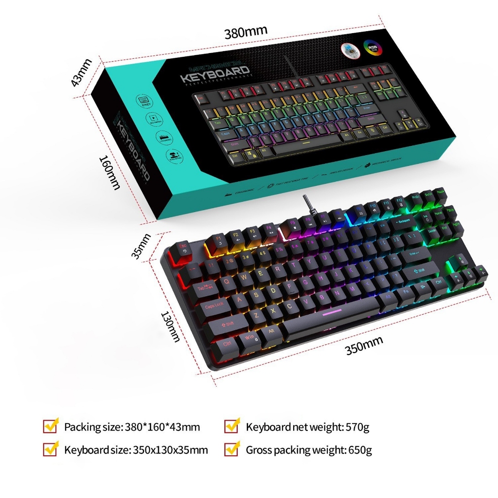 Bàn Phím Cơ K87 Pro TKL Led Rainbow – Blue Switch Clicky, 87 Phím Gọn Nhẹ, Keycap ABS Xuyên LED - ảnh 3
