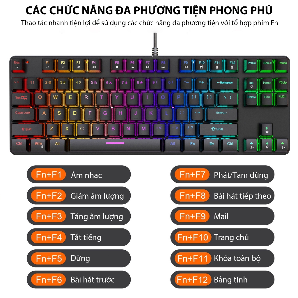 Bàn Phím Cơ K87 Pro TKL Led Rainbow – Blue Switch Clicky, 87 Phím Gọn Nhẹ, Keycap ABS Xuyên LED - ảnh 2