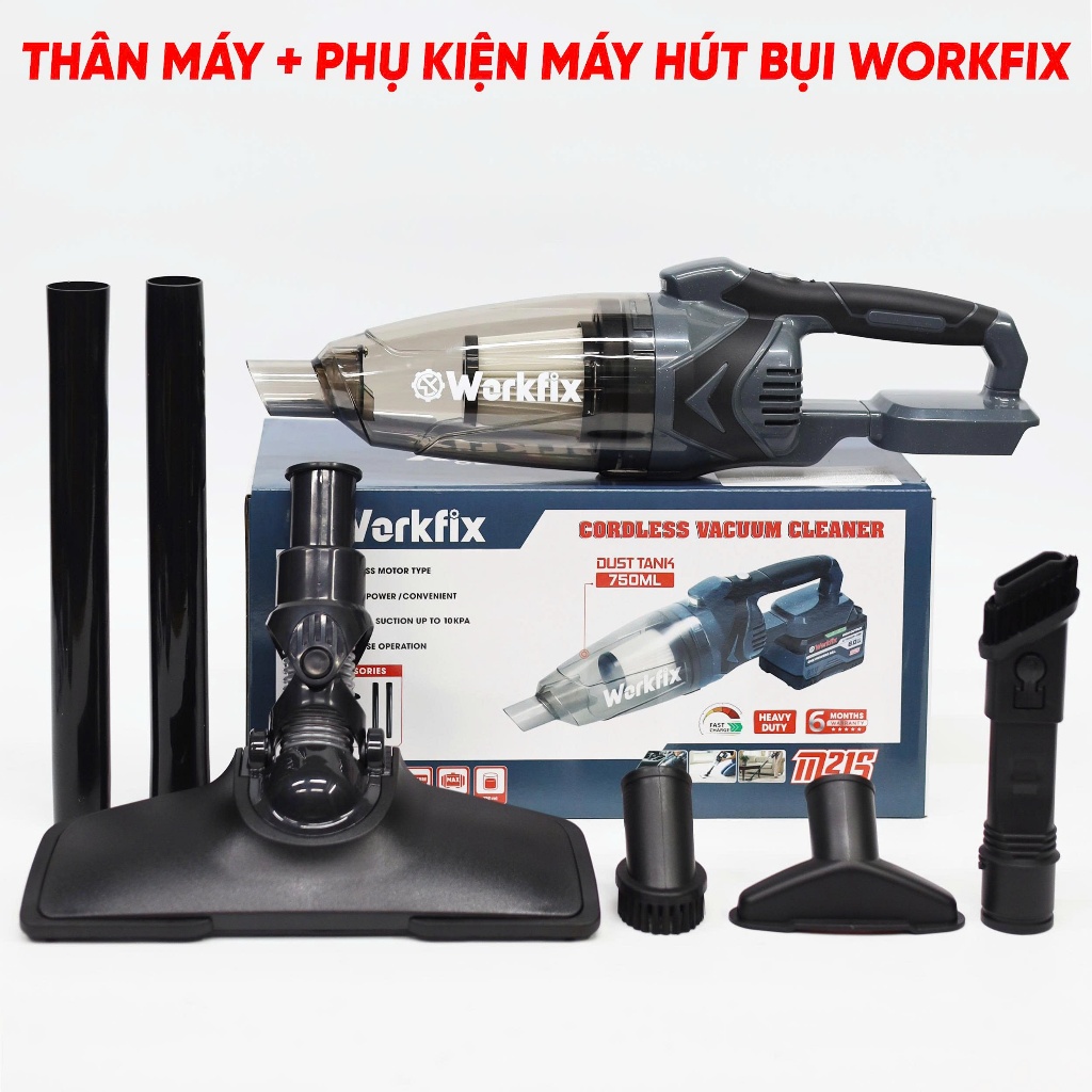 Máy Hút Bụi Cầm Tay Chạy Pin Workfix WF-VC01BL – Lực Hút 10kPa – Động Cơ Không Chổi Than – Bình Bụi 750ml