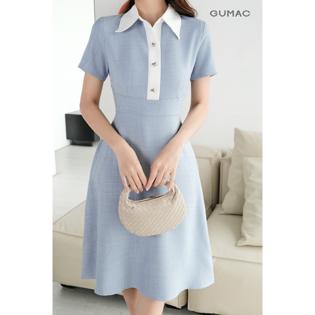 Đầm Nữ Dáng A Xòe GUMAC Kiểu Cổ Sơ Mi Phối Vải Trắng Đính Nút Bạc Chất Cotton Xược Đứng Form DF09001