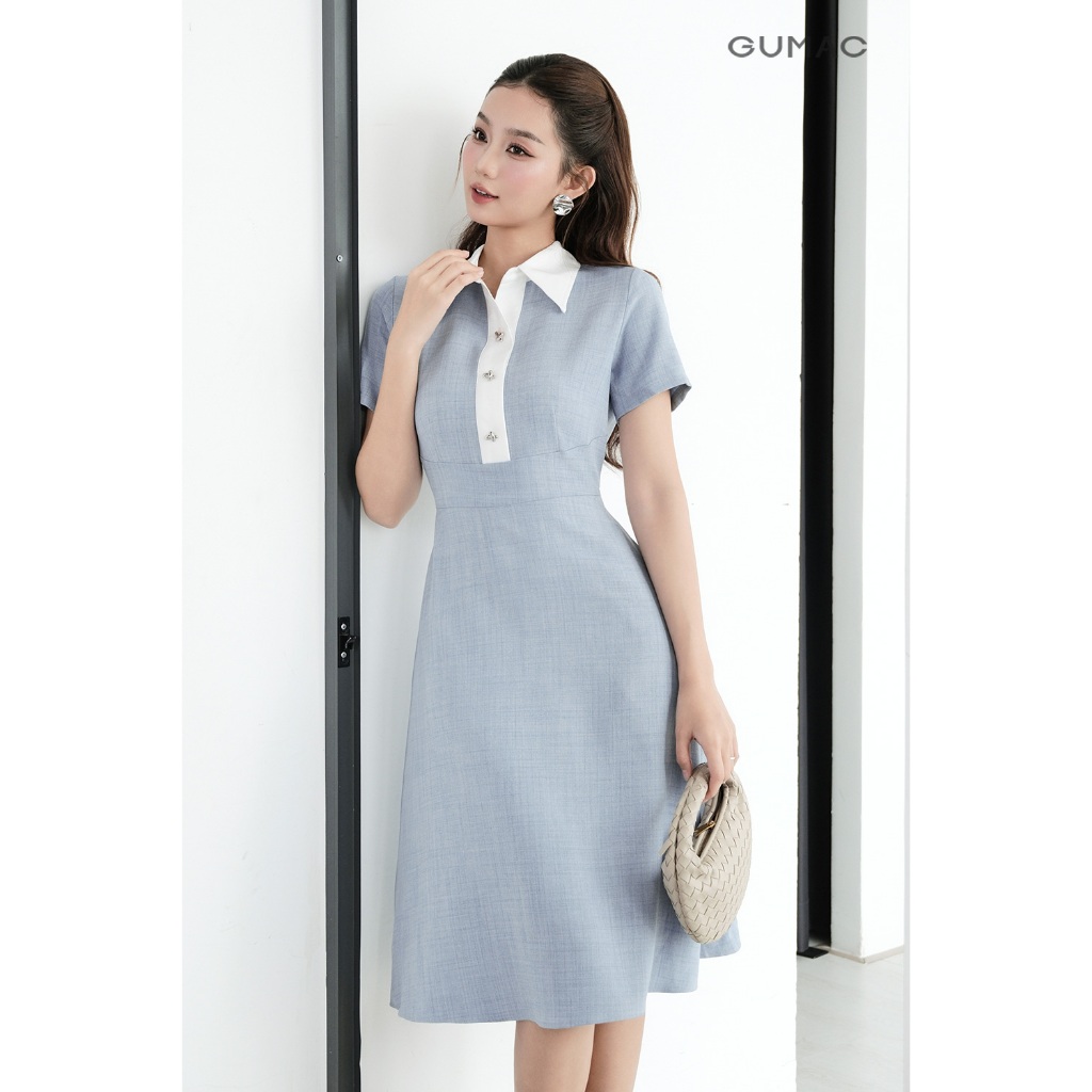 Đầm Nữ Dáng A Xòe GUMAC Kiểu Cổ Sơ Mi Phối Vải Trắng Đính Nút Bạc Chất Cotton Xược Đứng Form DF09001