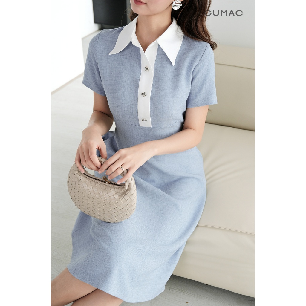 Đầm Nữ Dáng A Xòe GUMAC Kiểu Cổ Sơ Mi Phối Vải Trắng Đính Nút Bạc Chất Cotton Xược Đứng Form DF09001