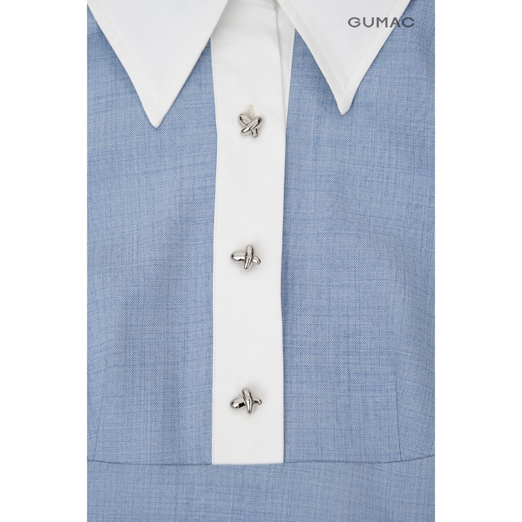 Đầm Nữ Dáng A Xòe GUMAC Kiểu Cổ Sơ Mi Phối Vải Trắng Đính Nút Bạc Chất Cotton Xược Đứng Form DF09001