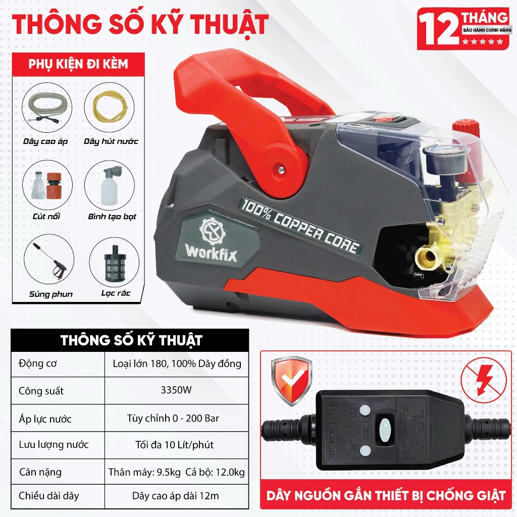 Máy Rửa Xe Áp Lực Cao WORKFIX WF-PW3350W 3350W – 200Bar – Lõi Đồng 100% – Dây 12m – Bảo Hành 12 Tháng