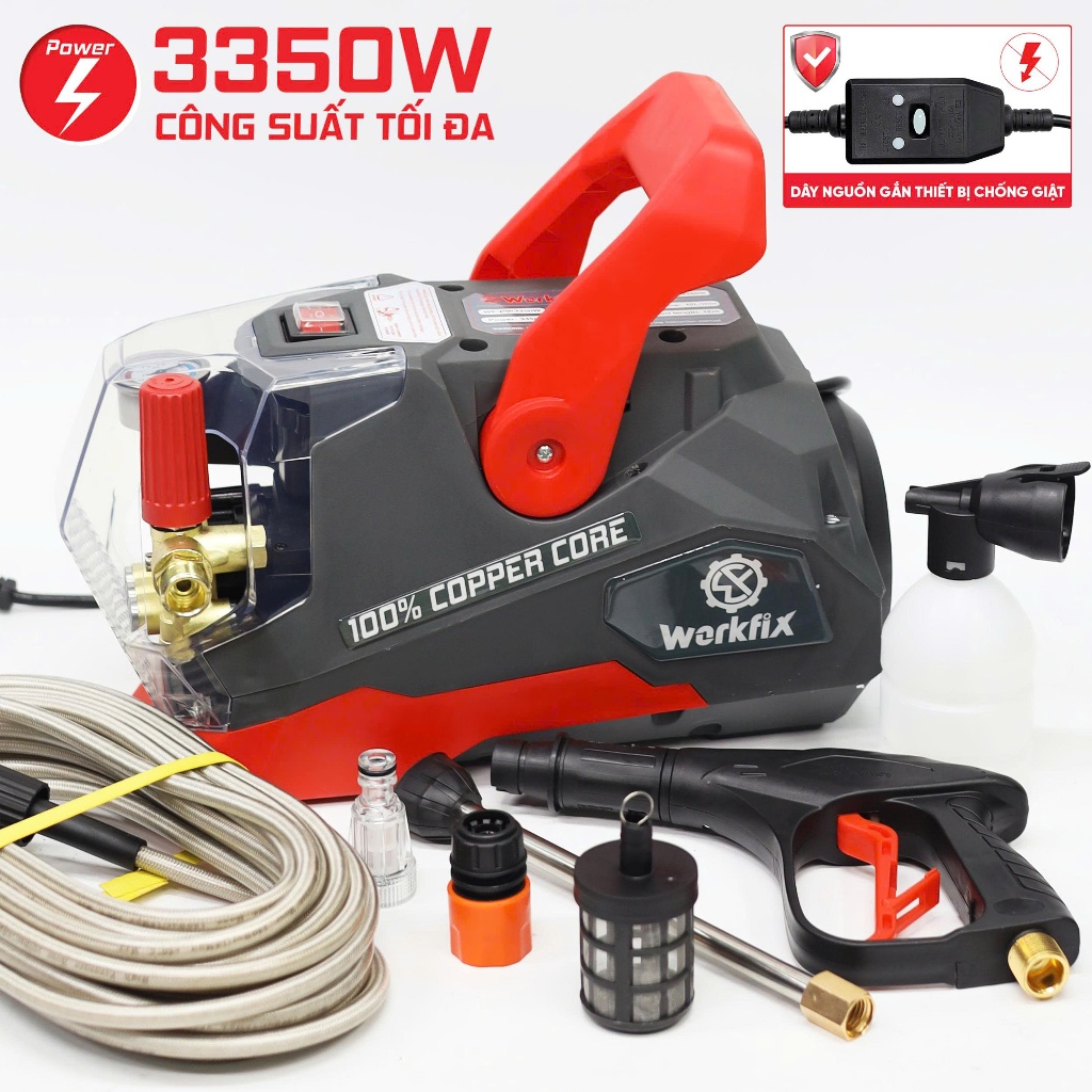 [Mới-3350W] Máy Rửa Xe Áp Lực Cao 200 Bar WF-PW3350W, Chống Giật, Kèm Phụ Kiện Chính Hãng Workfix - Tặng thước dây