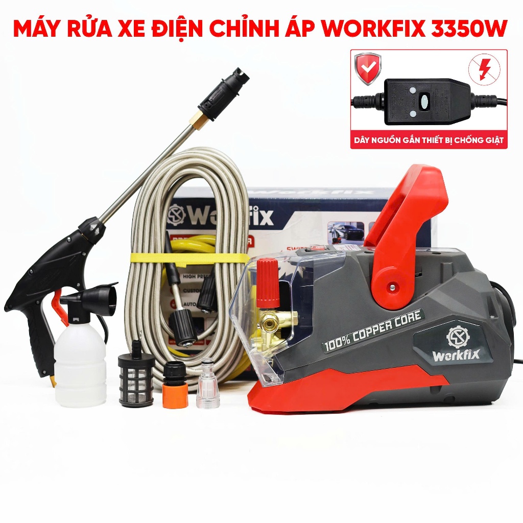 [Mới-3350W] Máy Rửa Xe Áp Lực Cao 200 Bar WF-PW3350W, Chống Giật, Kèm Phụ Kiện Chính Hãng Workfix - Tặng thước dây