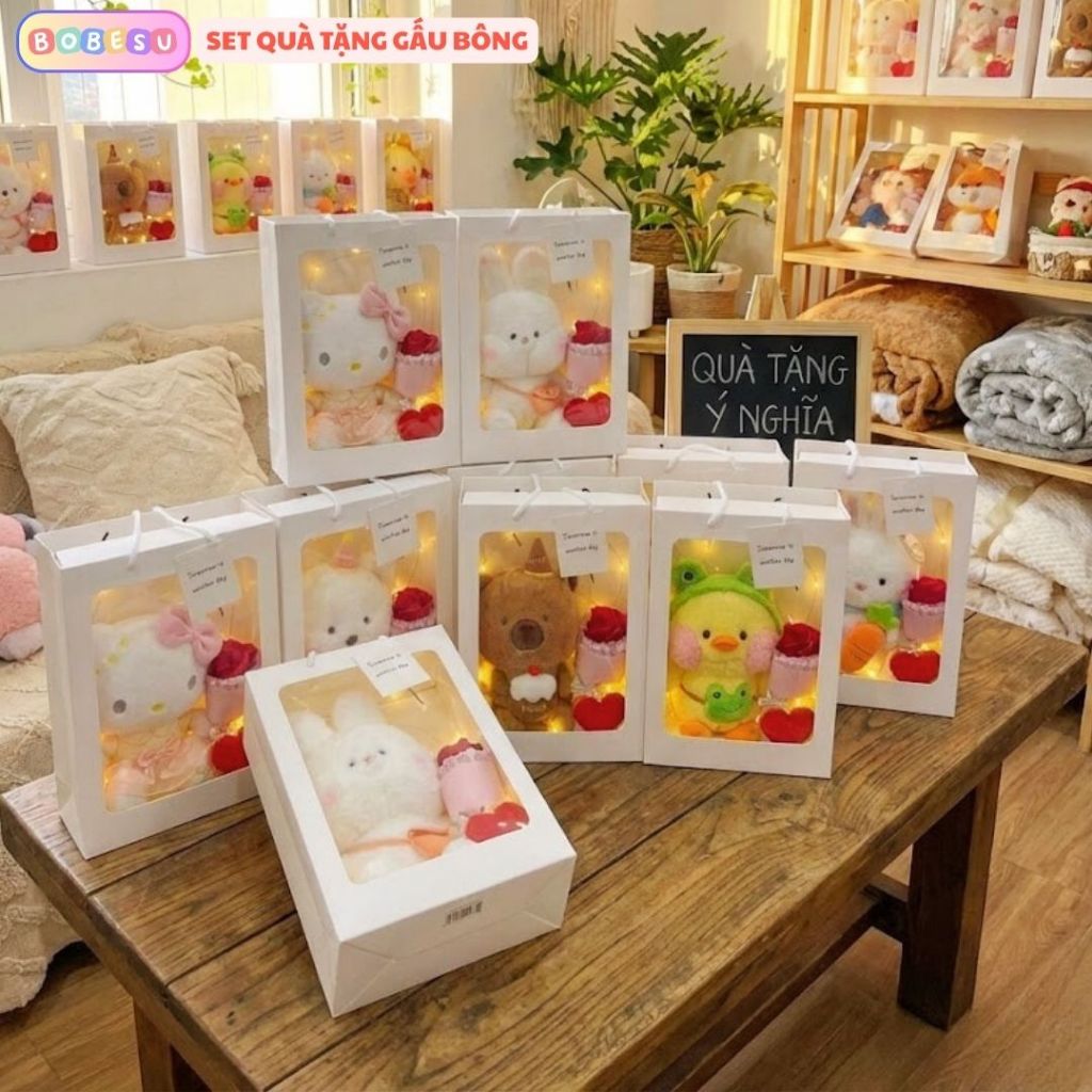 Set Quà Tặng Gấu Bông Túi Mặt Kính Kèm Bó Hoa, Thiệp, Led, Giấy Vụn Làm Quà Tặng Sinh Nhật Cho Nữ/Nam Cho Bé