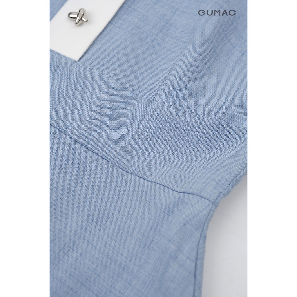 Đầm Nữ Dáng A Xòe GUMAC Kiểu Cổ Sơ Mi Phối Vải Trắng Đính Nút Bạc Chất Cotton Xược Đứng Form DF09001