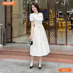 Đầm thiết kế BEMINE cổ tròn đính hoa eo tùng váy xếp ly phù hợp đi chơi-B413