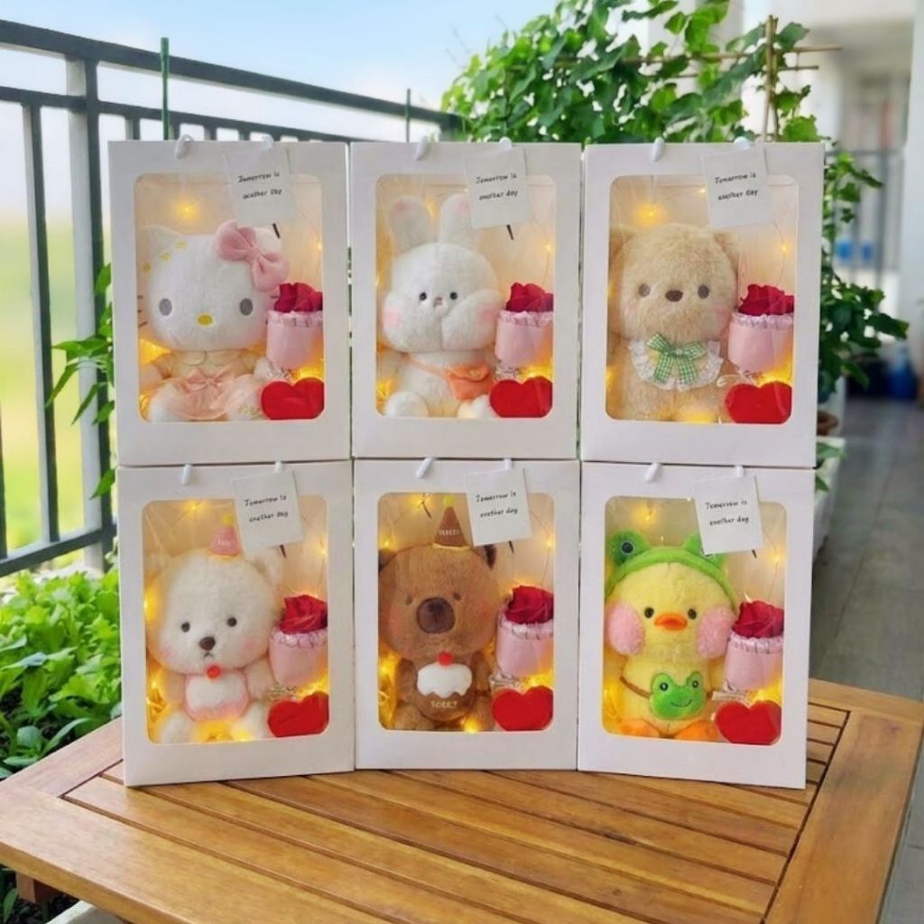Túi Set Quà Tặng Gấu Bông Túi Quà Mặt Kính Kèm Bó Hoa, Đèn Led, Thiệp Làm Quà Tặng Sinh Nhật Cho Nữ/Nam, Cho Bé.Babisu