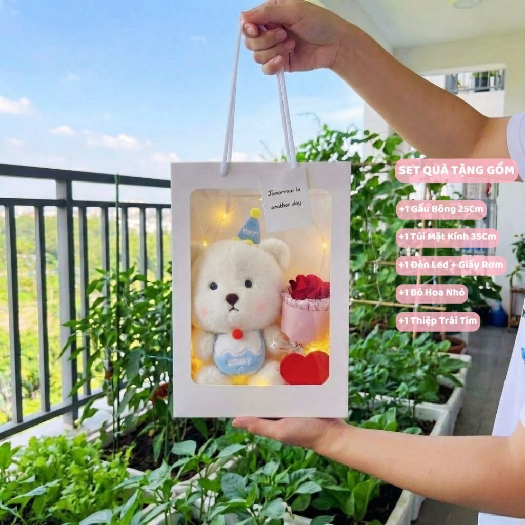 Túi Set Quà Tặng Gấu Bông Túi Quà Mặt Kính Kèm Bó Hoa, Đèn Led, Thiệp Làm Quà Tặng Sinh Nhật Cho Nữ/Nam, Cho Bé.Babisu