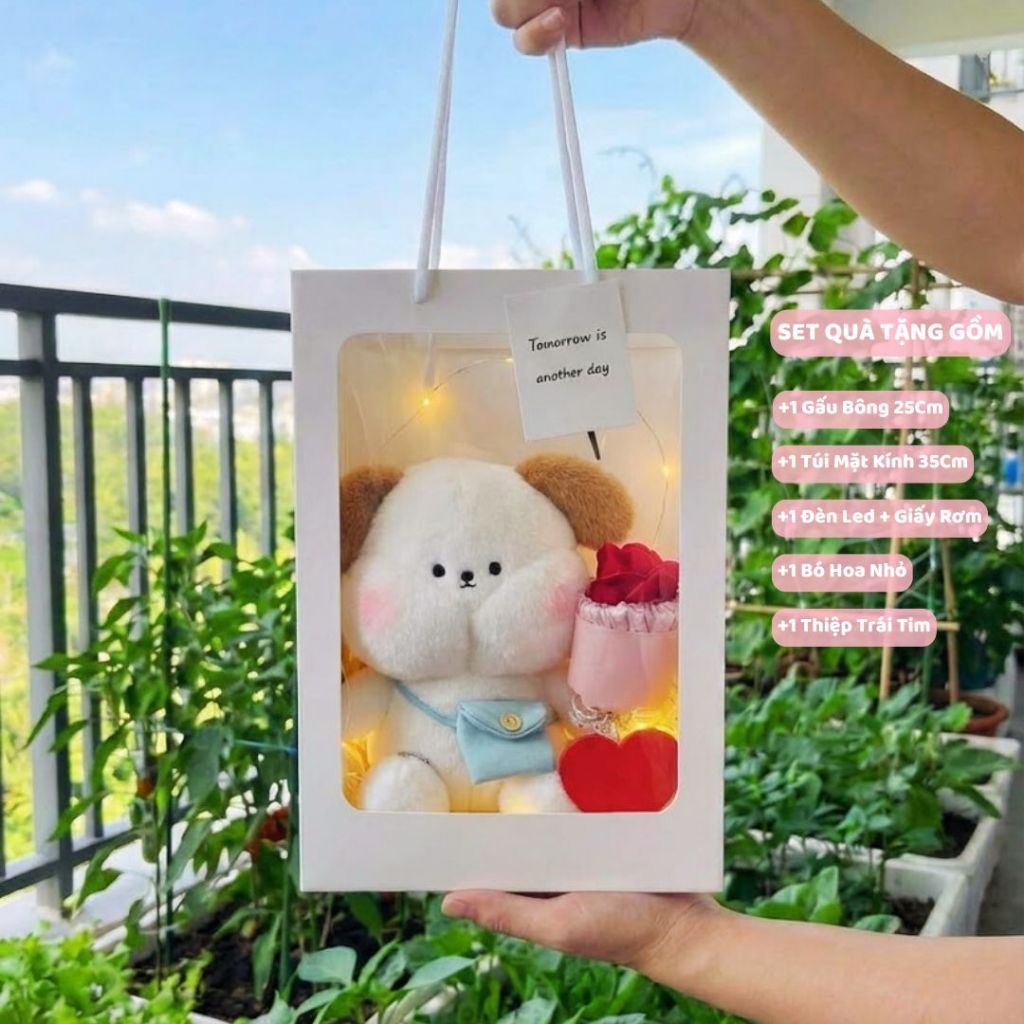 Set Quà Tặng Gấu Bông Túi Mặt Kính Kèm Bó Hoa, Thiệp, Led, Giấy Vụn Làm Quà Tặng Sinh Nhật Cho Nữ/Nam Cho Bé
