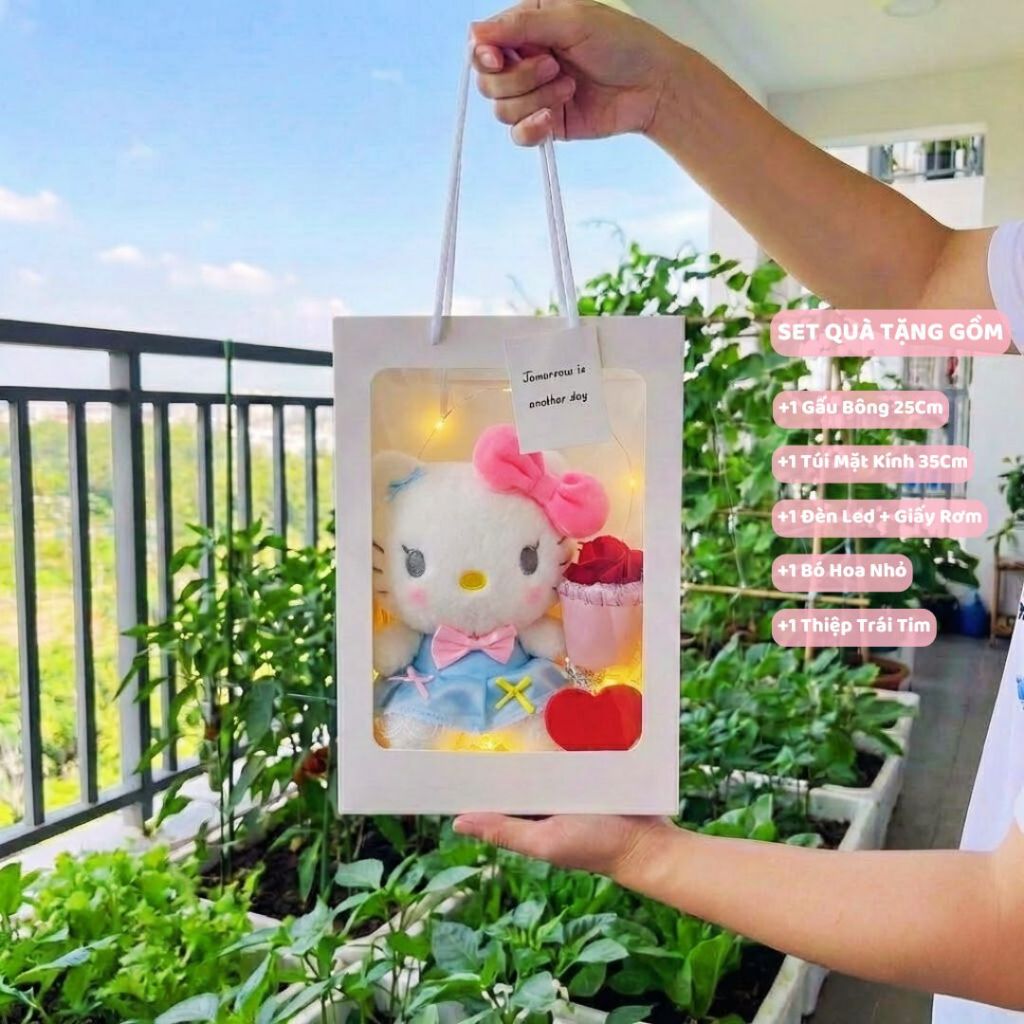 Set Quà Tặng Gấu Bông Túi Mặt Kính Kèm Bó Hoa, Thiệp, Led, Giấy Vụn Làm Quà Tặng Sinh Nhật Cho Nữ/Nam Cho Bé