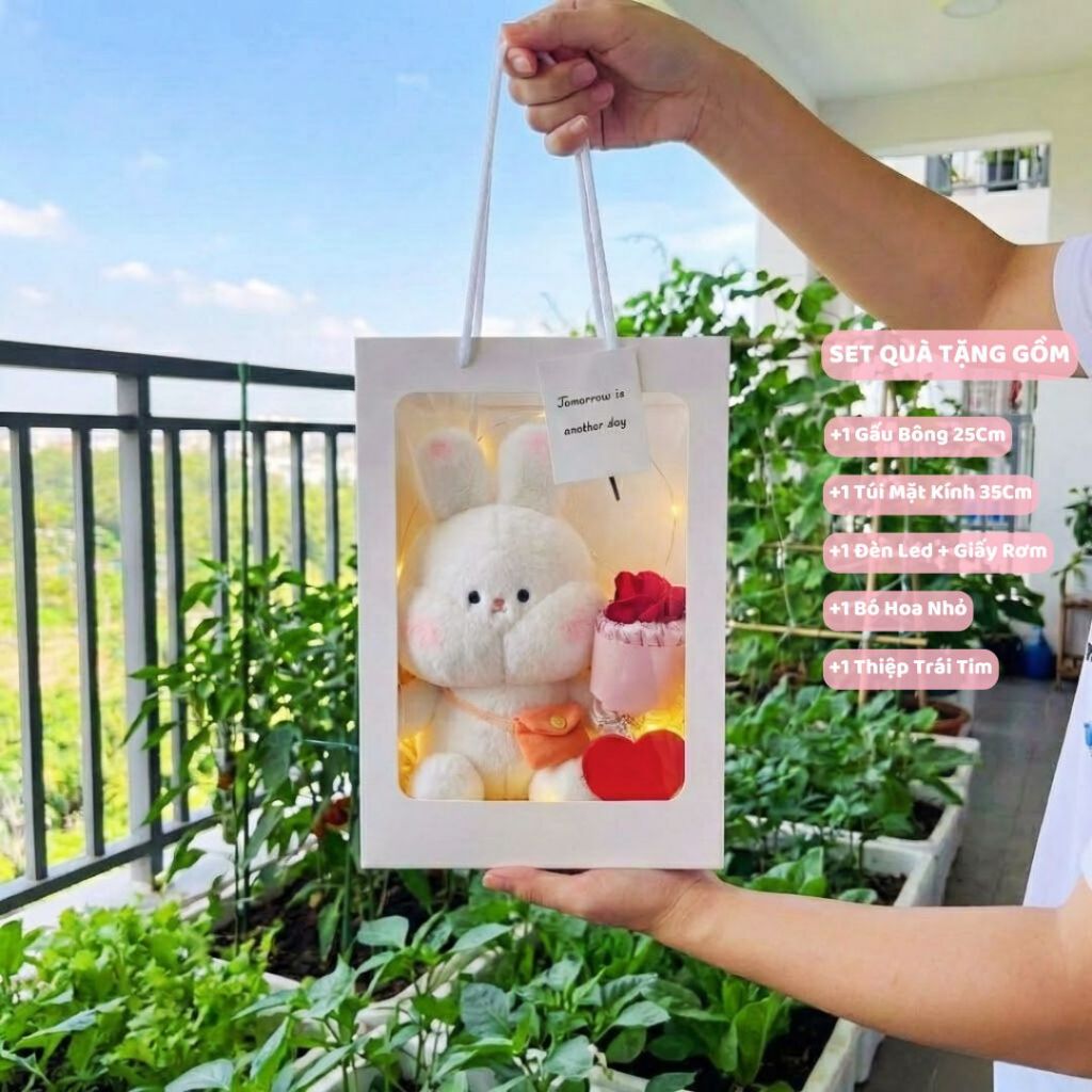 Túi Set Quà Tặng Gấu Bông Túi Quà Mặt Kính Kèm Bó Hoa, Đèn Led, Thiệp Làm Quà Tặng Sinh Nhật Cho Nữ/Nam, Cho Bé.Babisu