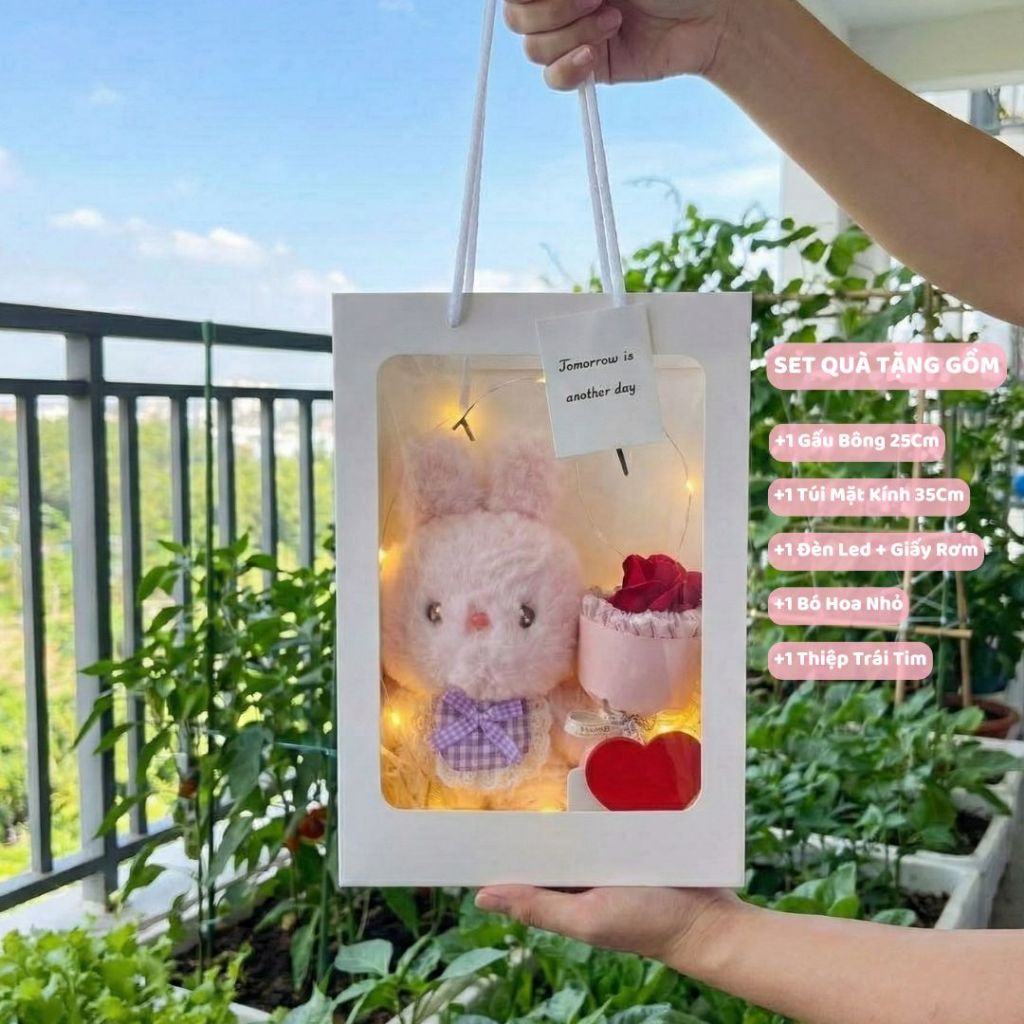 Túi Set Quà Tặng Gấu Bông Hộp Quà Mặt Kính Kèm Bó Hoa Đèn Led, Thiệp, Giấy Vụn Làm Quà Tặng Sinh Nhật Nữ/Nam Cho Bé