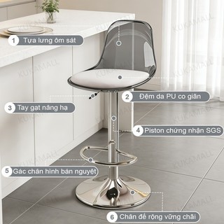 KUKA Ghế Quầy Bar Xoay 360 Độ Trong Suốt Nâng Hạ Chân Mạ Crom Decor Phòng Ngủ Studio Hiện Đại Nhất