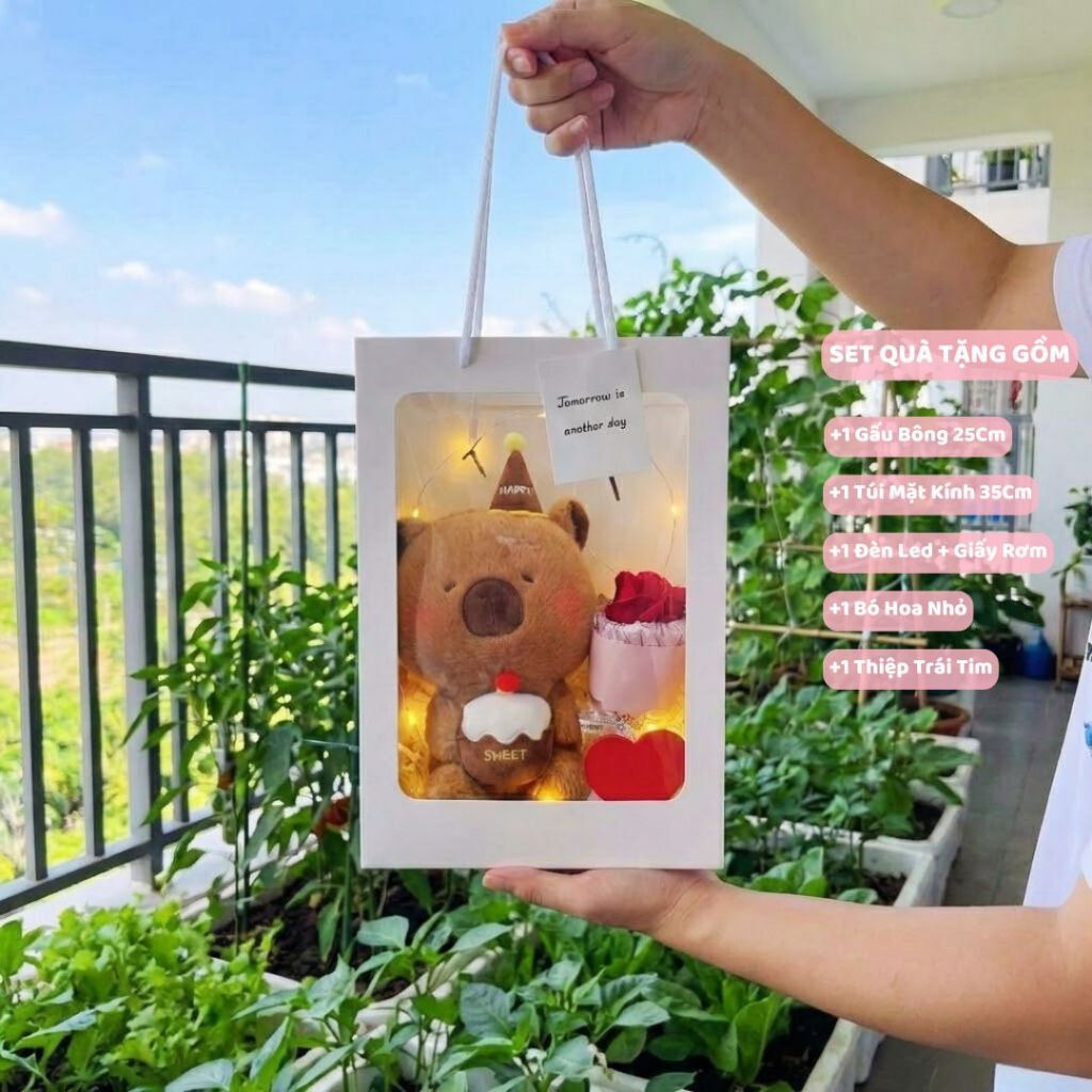 Túi Set Quà Tặng Gấu Bông Hộp Quà Mặt Kính Kèm Bó Hoa Đèn Led, Thiệp, Giấy Vụn Làm Quà Tặng Sinh Nhật Nữ/Nam Cho Bé