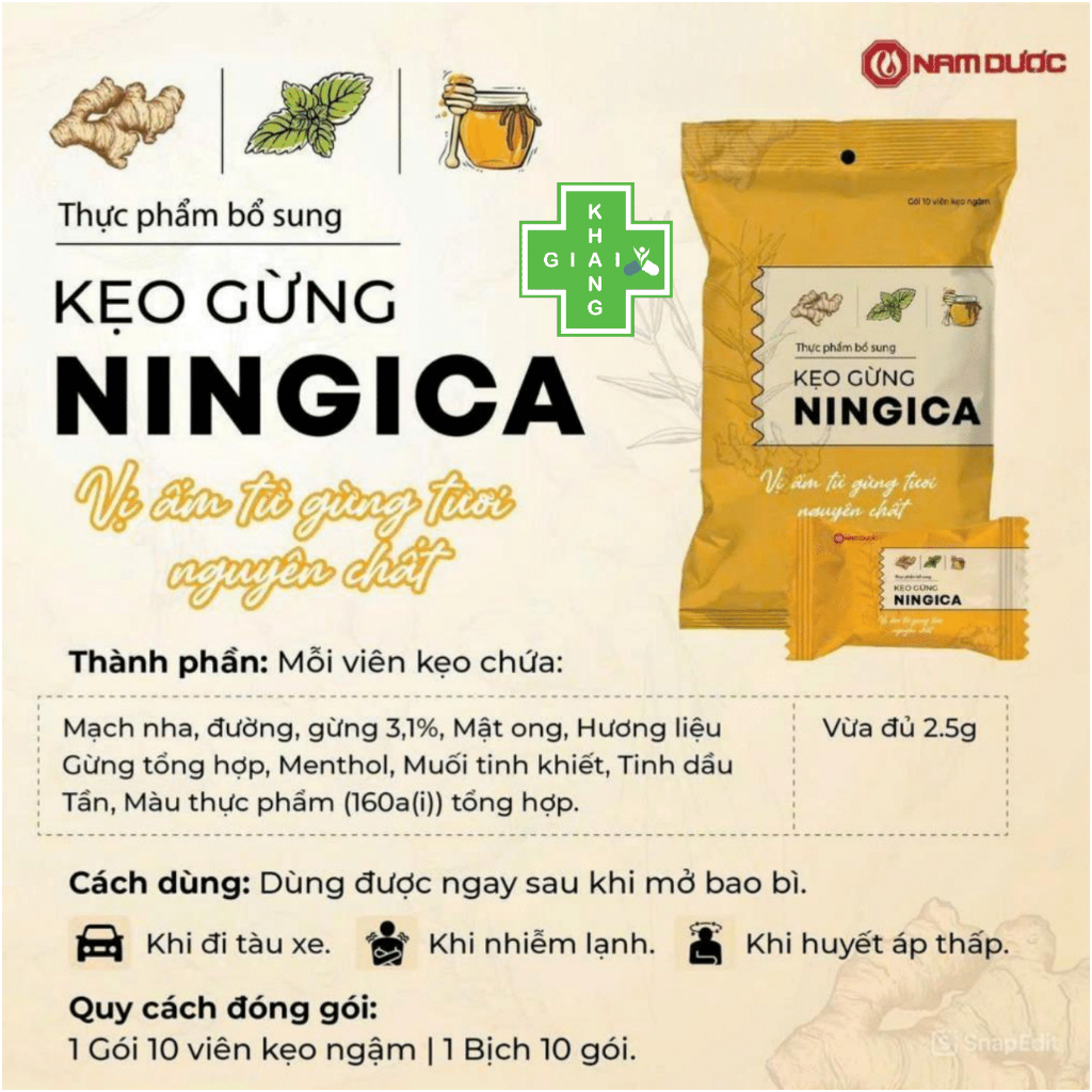 Kẹo gừng Ningica giúp ấm họng, giảm say xe (Gói 10 viên)