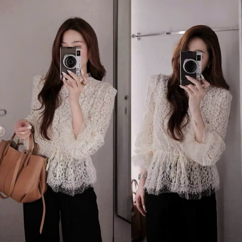 Áo ren nữ, áo kiểu nữ DONNA HCOM26997 cổ tròn tay loe bo chun phong cách tiểu thư, siêu sang