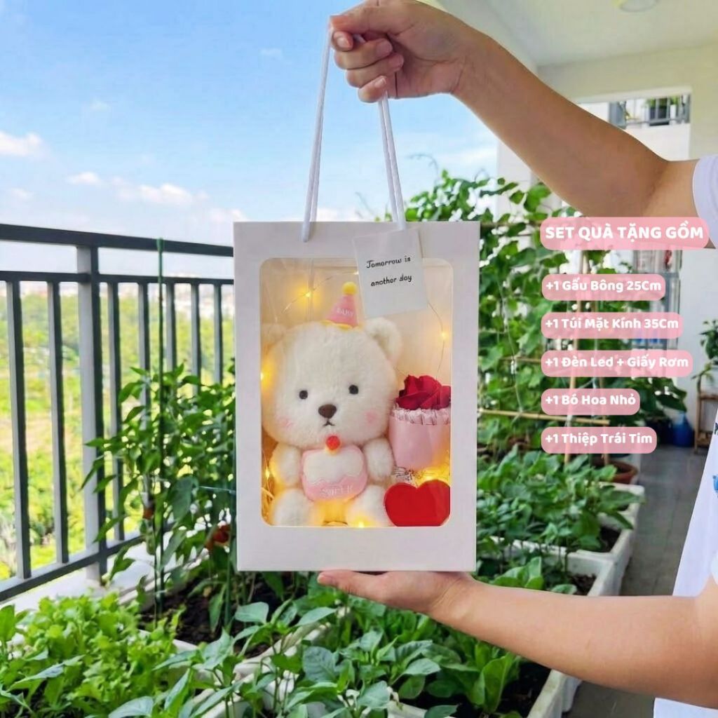 Túi Set Quà Tặng Gấu Bông Hộp Quà Mặt Kính Kèm Bó Hoa Đèn Led, Thiệp, Giấy Vụn Làm Quà Tặng Sinh Nhật Nữ/Nam Cho Bé