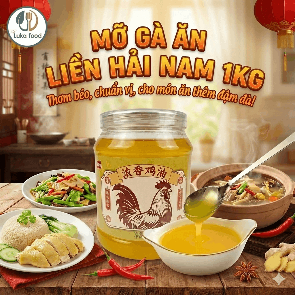 Mỡ Gà Nguyên Chất Hải Nam Hũ 1kg - Cốt Dầu Gà Thơm Ngậy Nấu Cơm Gà, Trộn Mì, Xào Rau Béo Ngậy, Thơm Lừng Luka Food