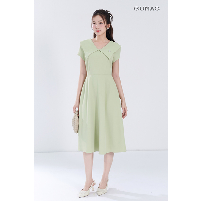 Đầm Nữ Dáng A Xòe GUMAC Cổ V Đính Phụ Kiện Chất Chéo Nhật Đứng Form DF07048