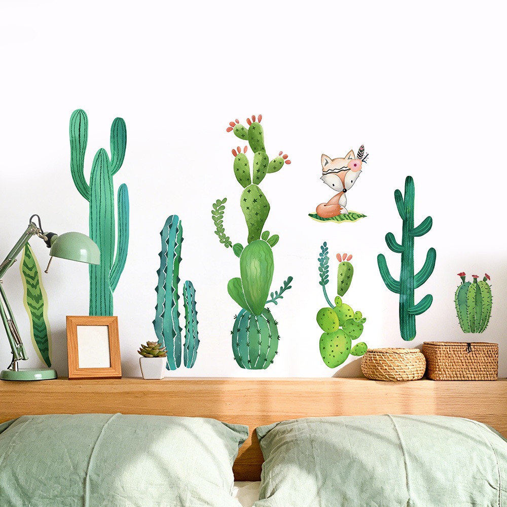 Decal Dán Tường Con Cáo Và Xương Rồng Có Keo Sẵn 130x70cm - Trang Trí Phòng Ngủ Không Gian Xanh