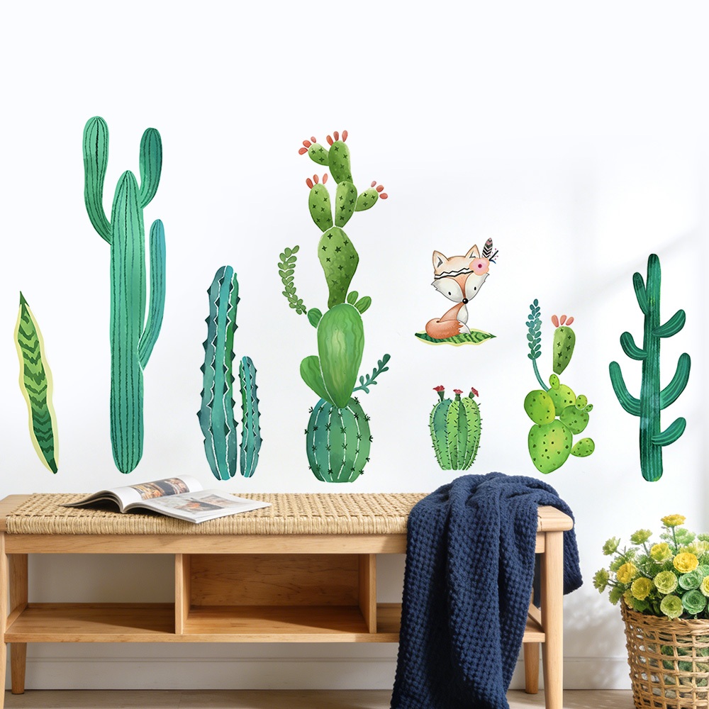 Decal Dán Tường Con Cáo Và Xương Rồng Có Keo Sẵn 130x70cm - Trang Trí Phòng Ngủ Không Gian Xanh