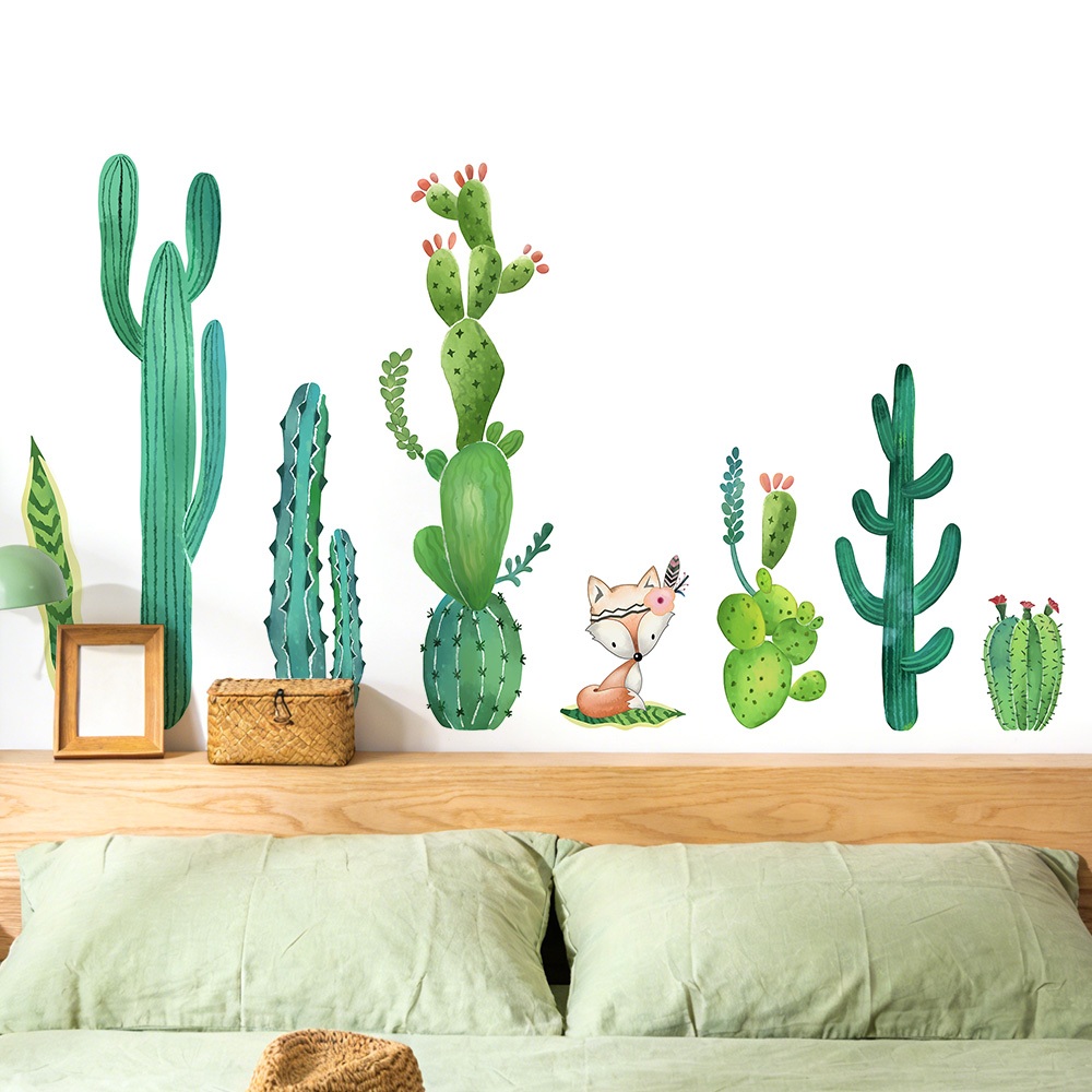 Decal Dán Tường Con Cáo Và Xương Rồng Có Keo Sẵn 130x70cm - Trang Trí Phòng Ngủ Không Gian Xanh