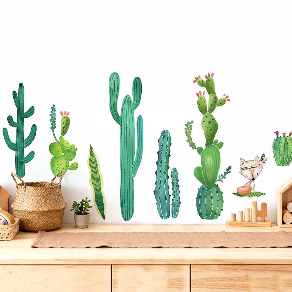 Decal Dán Tường Con Cáo Và Xương Rồng Có Keo Sẵn 130x70cm - Trang Trí Phòng Ngủ Không Gian Xanh