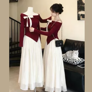 Set Bigsize Áo Trễ Vai Nơ Cổ Che Bắp Tay + Chân Váy Dài Chất Tăm Ruby Dày A342+CV15