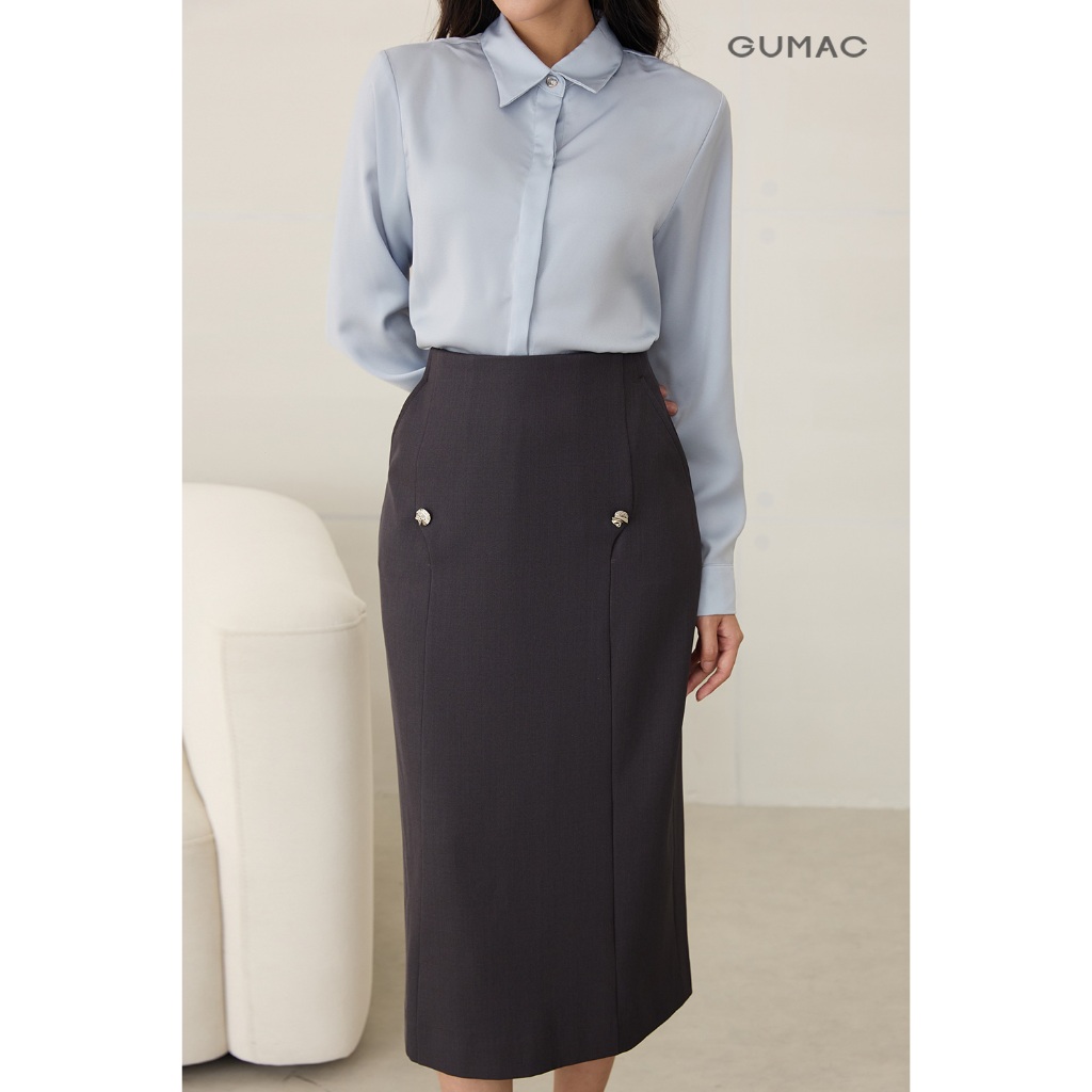 Chân váy GUMAC midi dáng suông lưng liền có hai túi sườn đính nút kiểu VF12056