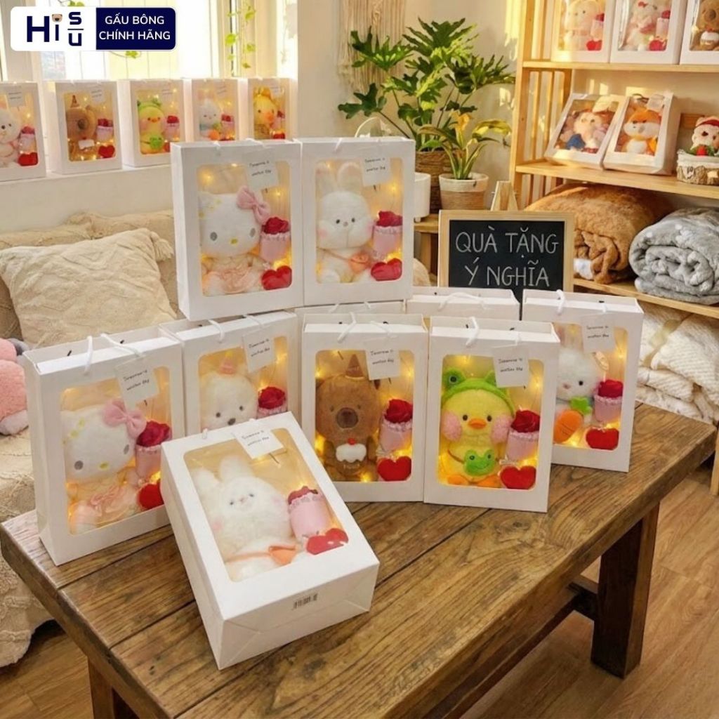 Túi Set Quà Tặng Gấu Bông Hộp Quà Mặt Kính Kèm Bó Hoa Đèn Led, Thiệp, Giấy Vụn Làm Quà Tặng Sinh Nhật Nữ/Nam Cho Bé