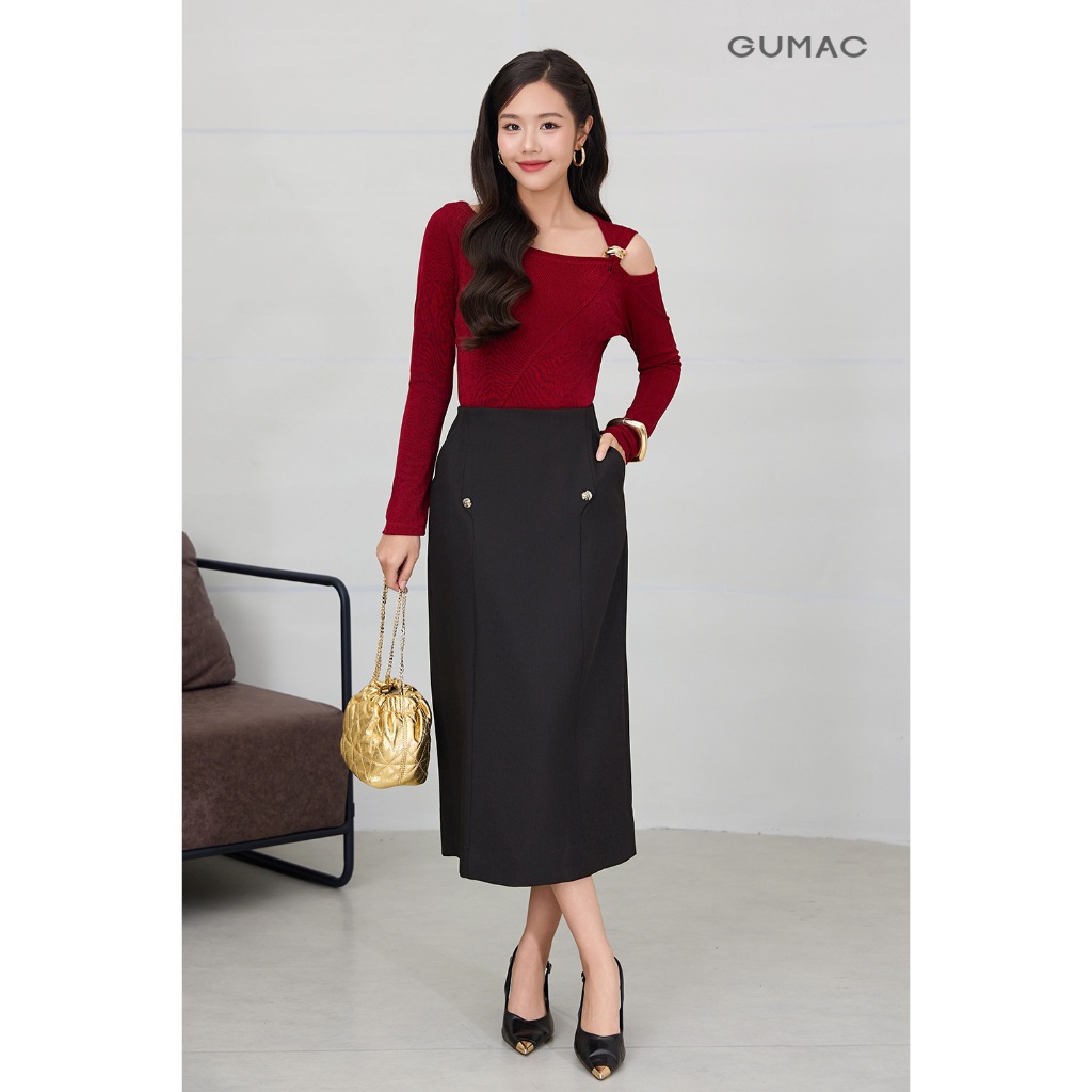 Chân váy GUMAC midi dáng suông lưng liền có hai túi sườn đính nút kiểu VF12056