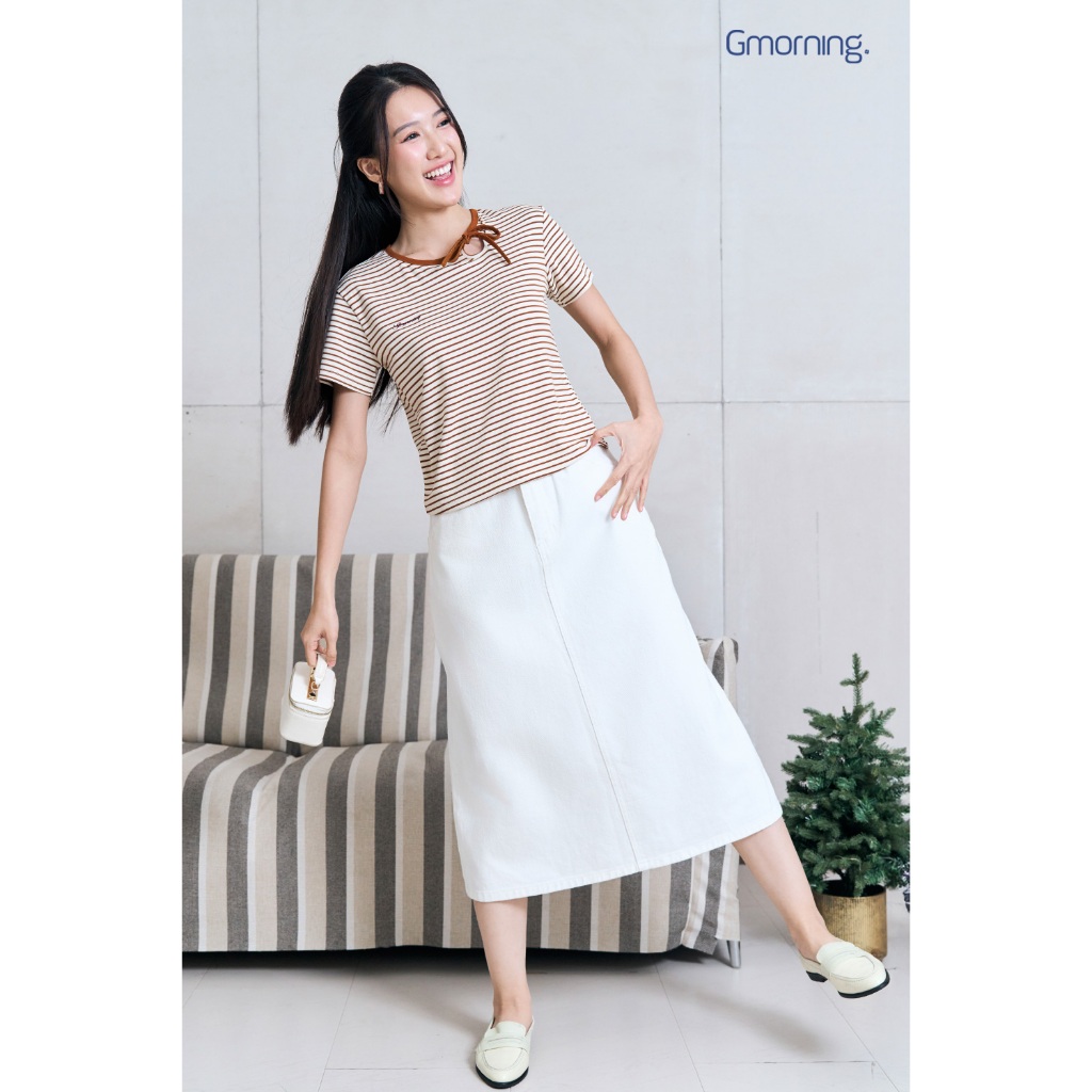 Chân váy jeans nữ Gmorning - GUMAC form A xẻ sau màu trắng YVJF12063