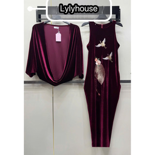 Váy nhung the/nhung hàn sát nách thêu đôi chim hạc + quạt dáng dài