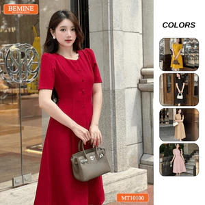 Đầm thiết kế BEMINE cổ tròn đính cúc dáng chữ A tay ngắn phù hợp đi làm, đi dạo phố-MT10100