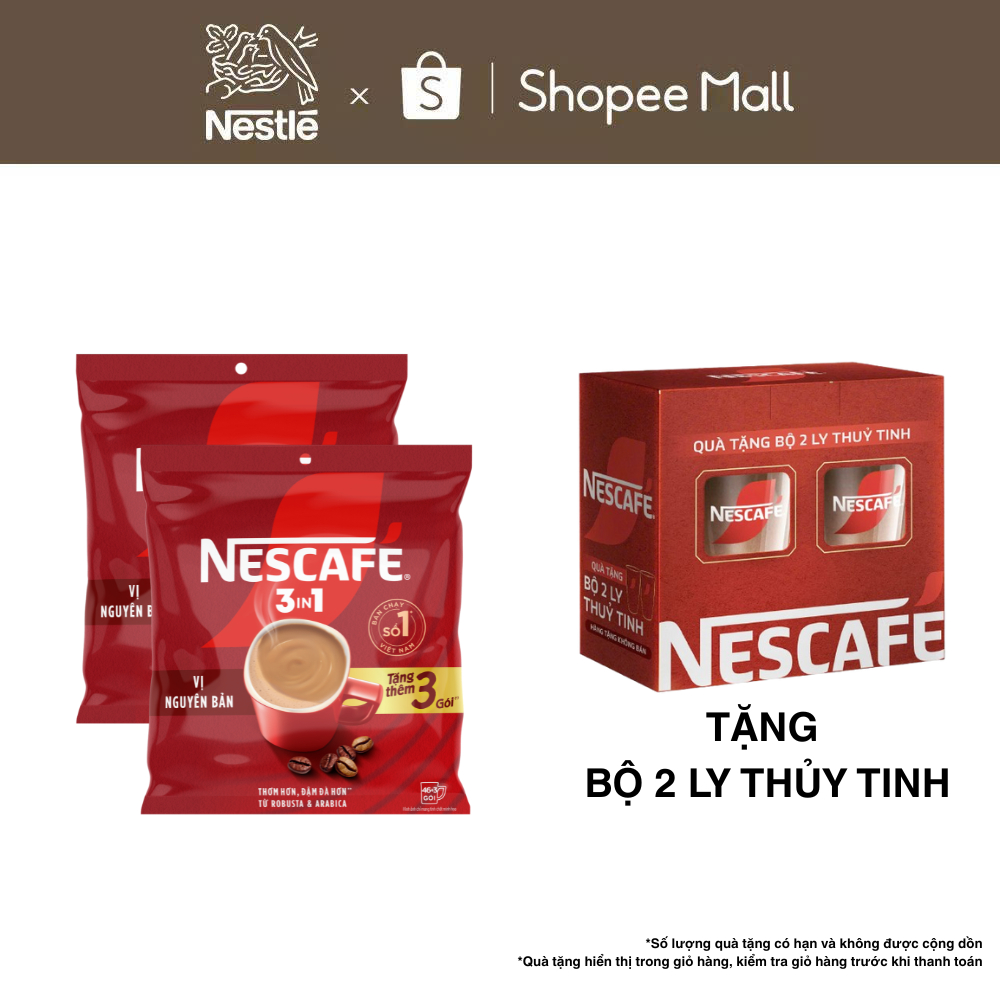 Combo 2 Bịch Cà phê Hòa tan NESCAFÉ VỊ NGUYÊN BẢN Đậm Thơm Hoàn Hảo (Bịch 46+3 gói x 16g)