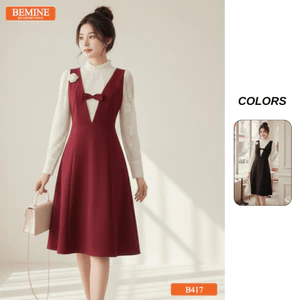 Đầm thiết kế BEMINE cổ trụ phối ren hoa mềm tay dài dáng chữ A phù hợp đi chơi-B417