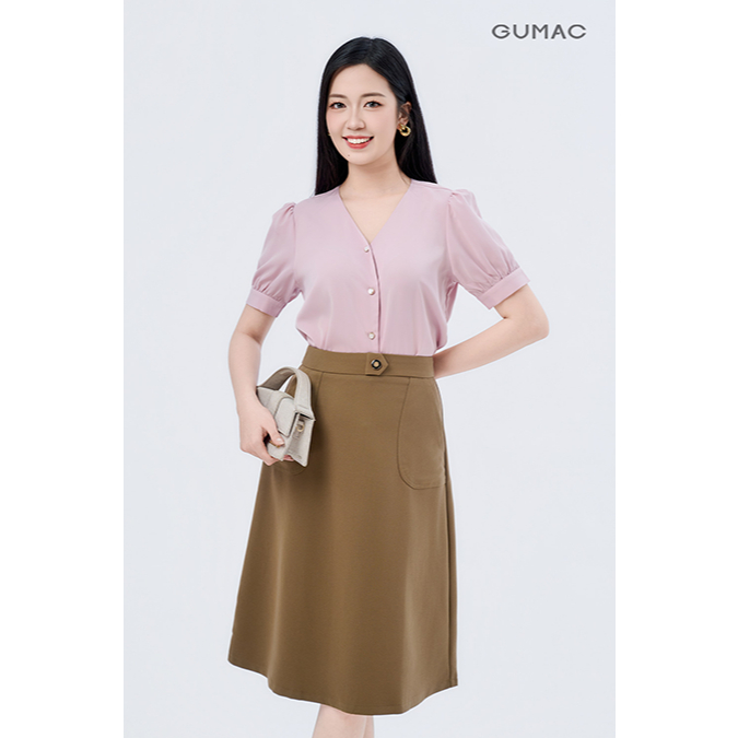 Áo Sơ Mi Nữ GUMAC Cổ V Phom Suông Tay Ngắn Chất Lụa Lạnh Mềm Mát LAF1005