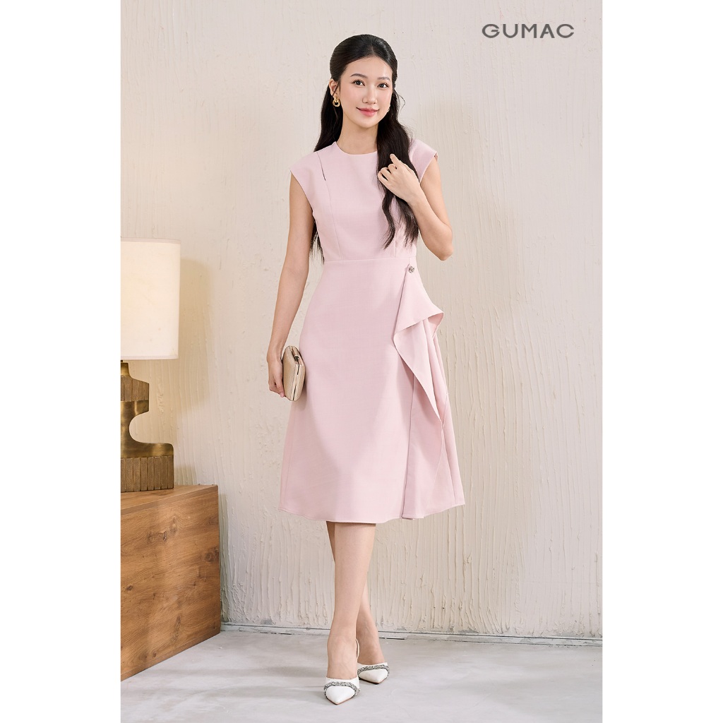 Đầm nữ GUMAC form A tùng cách điệu có túi cổ khoét đính nút tráng trí  DF06049