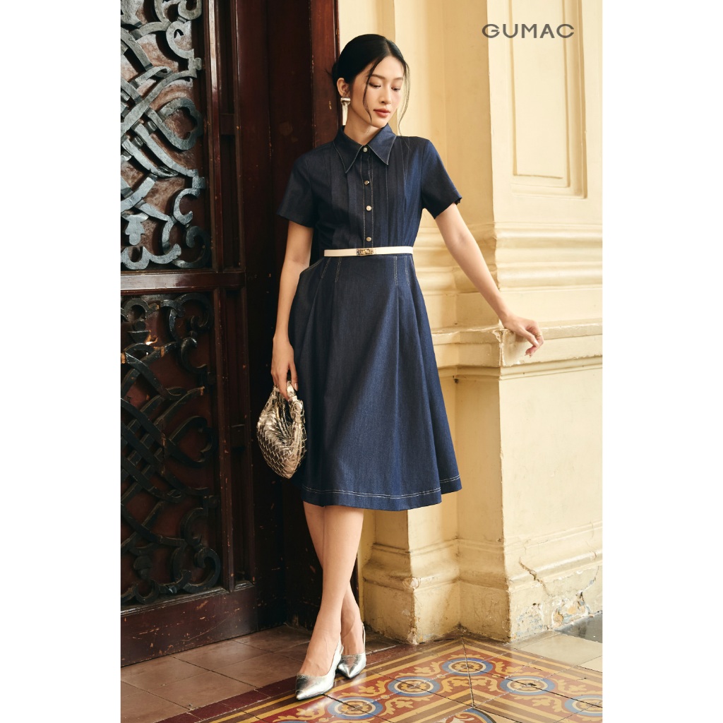 Đầm Nữ GUMAC Form A Xòe Cổ Sơ Mi Tay Ngắn Đính Nút Kim Loại Sang Trọng Tôn Dáng DG07097