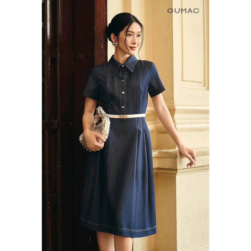 Đầm Nữ GUMAC Form A Xòe Cổ Sơ Mi Tay Ngắn Đính Nút Kim Loại Sang Trọng Tôn Dáng DG07097