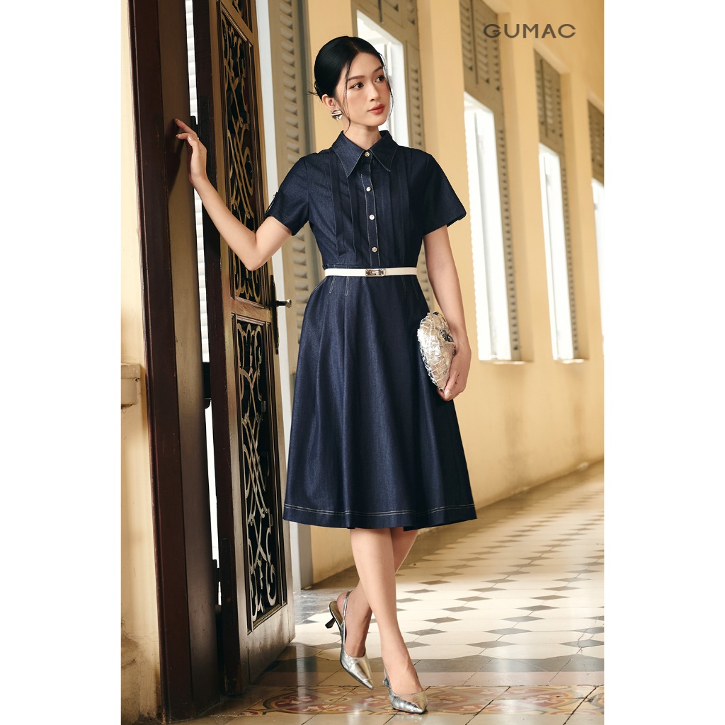 Đầm Nữ GUMAC Form A Xòe Cổ Sơ Mi Tay Ngắn Đính Nút Kim Loại Sang Trọng Tôn Dáng DG07097