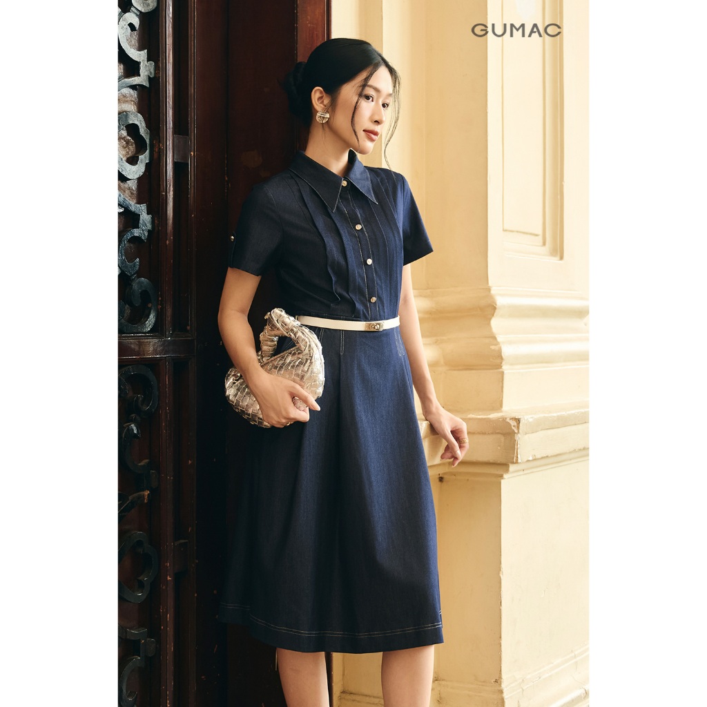 Đầm Nữ GUMAC Form A Xòe Cổ Sơ Mi Tay Ngắn Đính Nút Kim Loại Sang Trọng Tôn Dáng DG07097