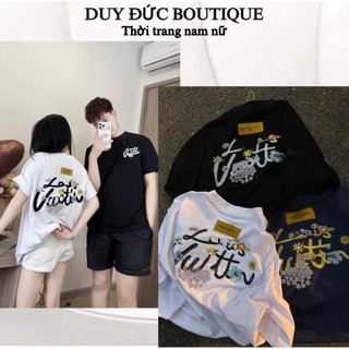Áo Thun Thêu Xù Bông Hoa Thêu Chữ Chất Cotton, Áo Phông Thêu Xù Lệ Bông Hoa Cổ Bo Thời Trang Nam Nữ