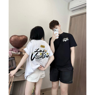 Áo Thun Thêu Xù Bông Hoa Thêu Chữ Chất Cotton, Áo Phông Thêu Xù Lệ Bông Hoa Cổ Bo Thời Trang Nam Nữ