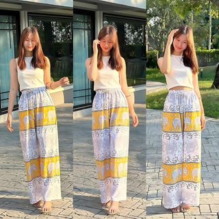 Quần dài ống suôn thổ cẩm, unisex, họa tiết voi Thái, vải lanh (Size 40 - 65kg)