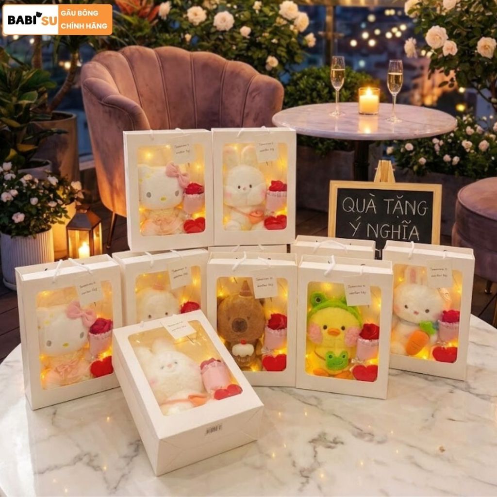 Túi Set Quà Tặng Gấu Bông Túi Quà Mặt Kính Kèm Bó Hoa, Đèn Led, Thiệp Làm Quà Tặng Sinh Nhật Cho Nữ/Nam, Cho Bé.Babisu